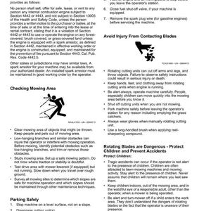 K&ouml;nnte beinhalten: Eine Seite aus einem Sicherheitsmanual mit dem Titel &bdquo;Sicherheit&ldquo;, die Anweisungen f&uuml;r den Betrieb von Maschinen enth&auml;lt. Sie enth&auml;lt Warnungen vor Funkenf&auml;ngern, M&auml;hbereichen und rotierenden Messern sowie Illustrationen und Sicherheitshinweise.