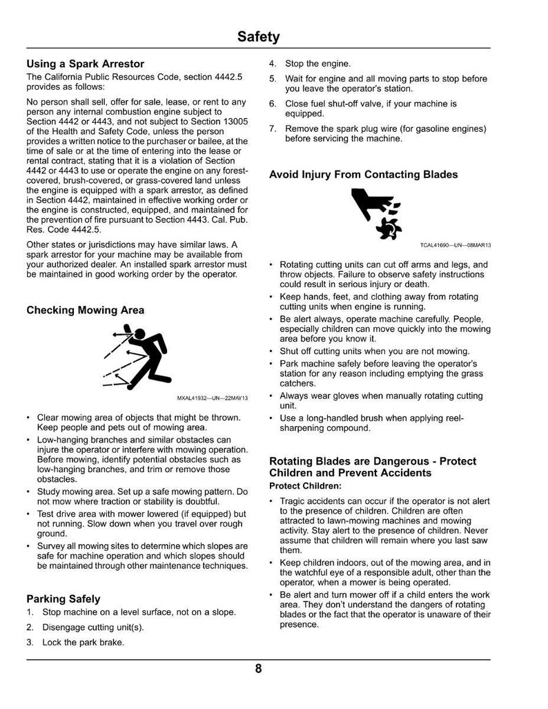K&ouml;nnte beinhalten: Eine Seite aus einem Sicherheitsmanual mit dem Titel &bdquo;Sicherheit&ldquo;, die Anweisungen f&uuml;r den Betrieb von Maschinen enth&auml;lt. Sie enth&auml;lt Warnungen vor Funkenf&auml;ngern, M&auml;hbereichen und rotierenden Messern sowie Illustrationen und Sicherheitshinweise.
