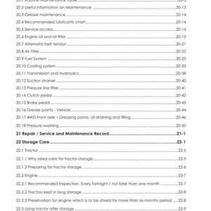 Puede incluir: Un documento blanco con un &iacute;ndice para un manual de mantenimiento de tractores. El manual incluye secciones sobre programas de mantenimiento, cuidado del motor y procedimientos de almacenamiento. El documento es de Argo Tractors.