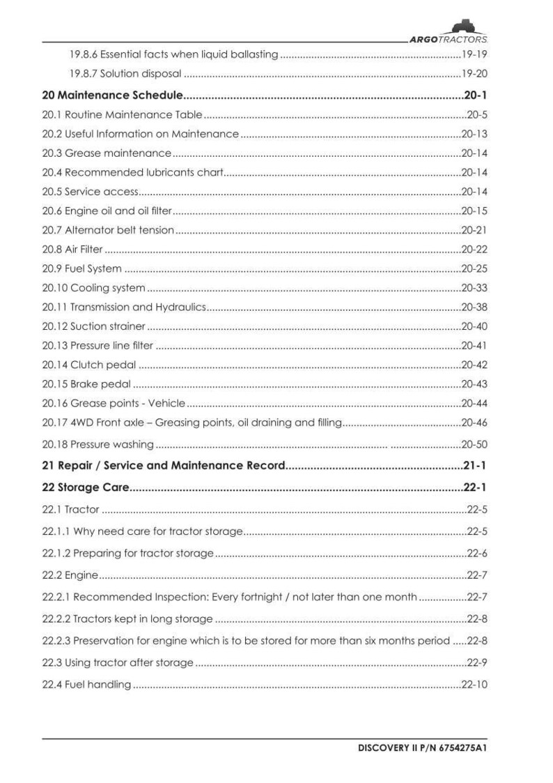 Puede incluir: Un documento blanco con un &iacute;ndice para un manual de mantenimiento de tractores. El manual incluye secciones sobre programas de mantenimiento, cuidado del motor y procedimientos de almacenamiento. El documento es de Argo Tractors.
