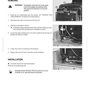 May include: A black and white technical manual page detailing the disassembly and assembly of a condenser. The page includes diagrams, numbered parts, and instructions for removal and installation, with measurements in ounces and grams.