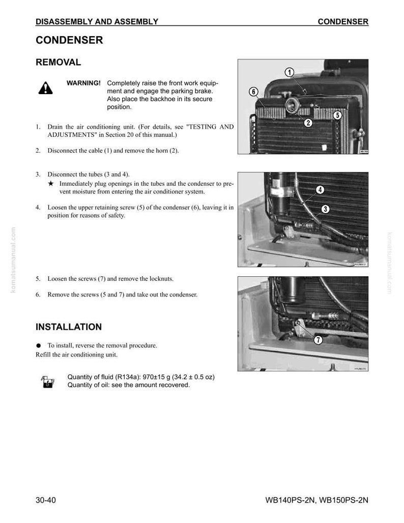 May include: A black and white technical manual page detailing the disassembly and assembly of a condenser. The page includes diagrams, numbered parts, and instructions for removal and installation, with measurements in ounces and grams.