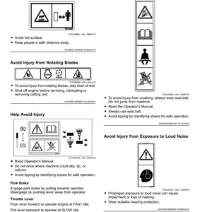 May include: A page of safety labels without text, displaying warning symbols for various hazards. The labels cover issues like hot surfaces, rotating blades, and loud noise, with safety instructions. The page includes the number 8.