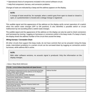 May include: A document titled "PTQ 002 - Control Software Beep Mode with Speed Sensors" with detailed information about system diagnostics, including component checks and wiring harness connections. The document includes a table of addresses and monitored circuits.