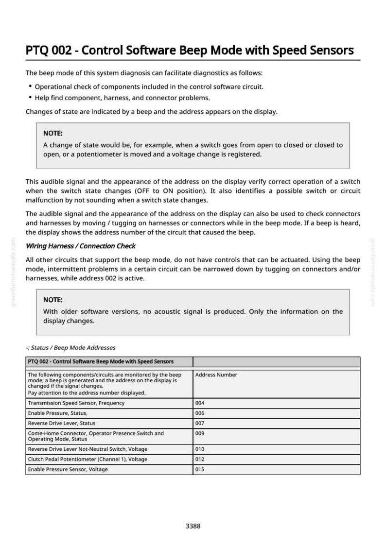 May include: A document titled "PTQ 002 - Control Software Beep Mode with Speed Sensors" with detailed information about system diagnostics, including component checks and wiring harness connections. The document includes a table of addresses and monitored circuits.