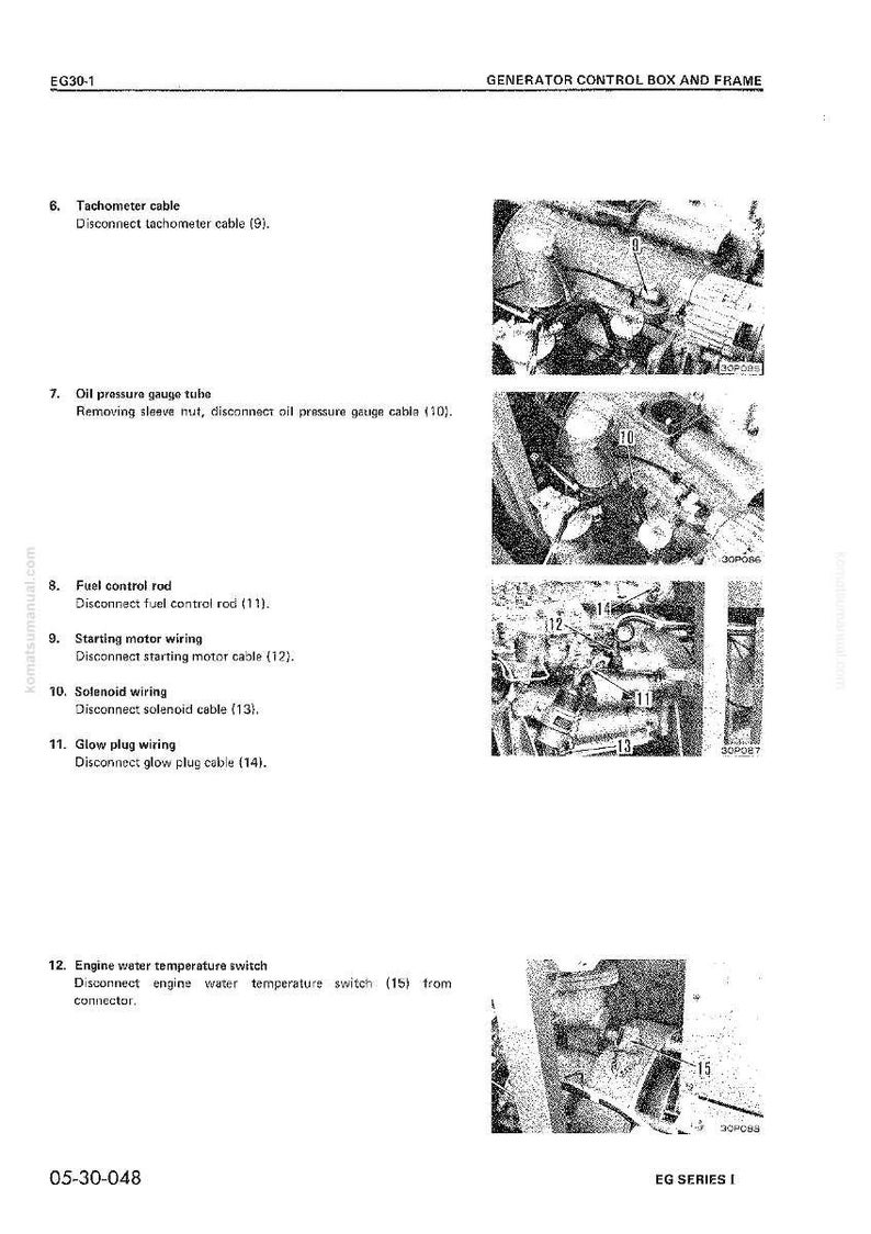 K&ouml;nnte beinhalten: Eine Seite aus einem Handbuch mit Diagrammen und Text, die den Generatorsteuerkasten und den Rahmen detailliert beschreibt. Das Bild enth&auml;lt Nahaufnahmen von Komponenten wie dem Tachokabel, dem &Ouml;ldruckmessrohr und der Magnetventilverkabelung.