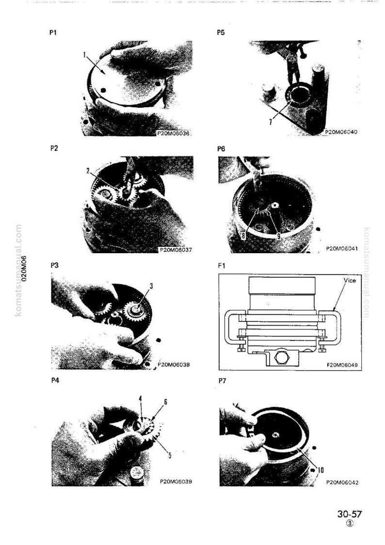 May include: A series of black and white diagrams illustrating mechanical components and assembly steps. The images show gears, circular parts, and a vice, with labels and part numbers for reference. The diagrams are from a manual.