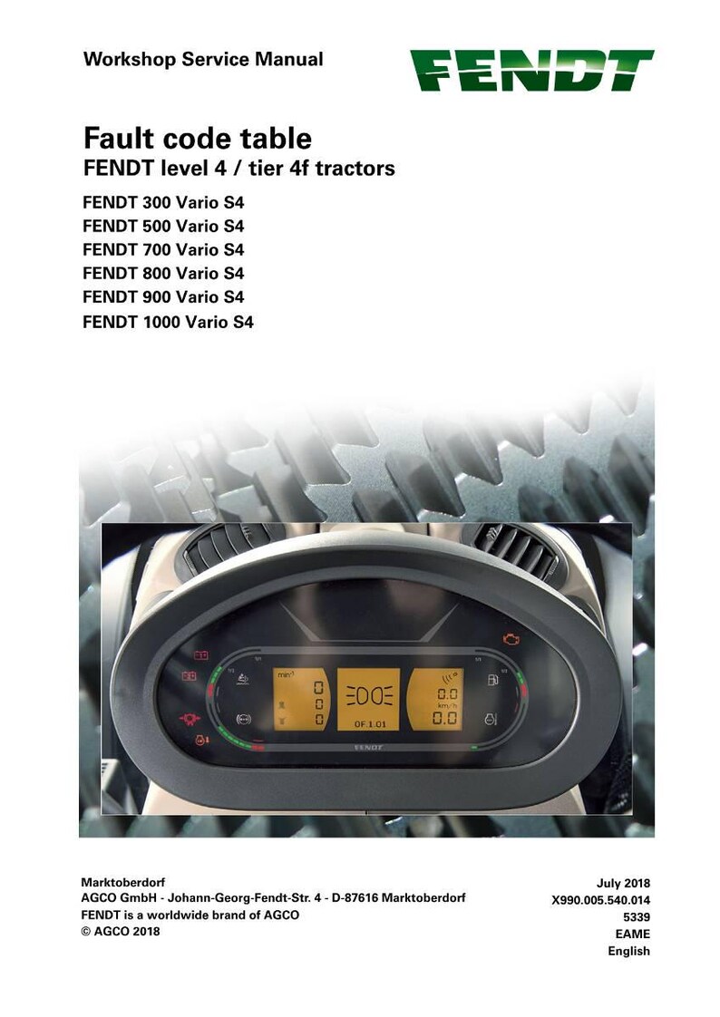 Pode incluir: Um manual de servi&ccedil;o de oficina intitulado "Tabela de c&oacute;digos de falha" para tratores FENDT n&iacute;vel 4 / tier 4f. A imagem mostra um painel de instrumentos de trator com ecr&atilde;s digitais e o log&oacute;tipo FENDT. O manual lista os modelos de tratores.