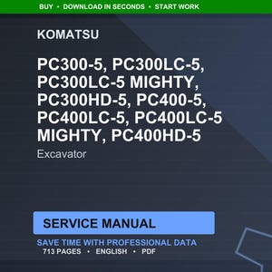 Pu&ograve; includere: Documento digitale blu scuro con il marchio Komatsu e i modelli di escavatori PC300-5, PC300LC-5, PC300LC-5 MIGHTY, PC300HD-5, PC400-5, PC400LC-5, PC400LC-5 MIGHTY e PC400HD-5. Il documento &egrave; un manuale di servizio di 713 pagine.