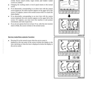 Puede incluir: Diagrama de un sistema de monitor con m&uacute;ltiples pantallas. Las pantallas muestran varias lecturas y s&iacute;mbolos, incluyendo un icono de persona, n&uacute;meros y medidores. El texto incluye "STRUCTURE, FUNCTION AND MAINTENANCE STANDARD" y "Service meter/time selector function".