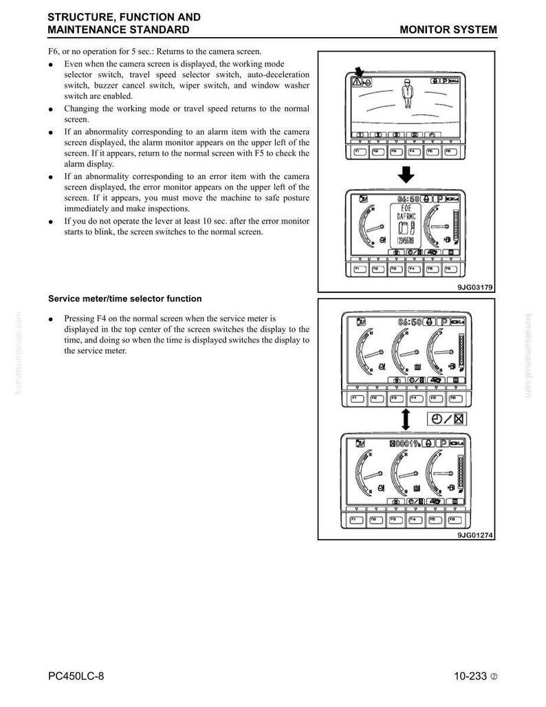 Puede incluir: Diagrama de un sistema de monitor con m&uacute;ltiples pantallas. Las pantallas muestran varias lecturas y s&iacute;mbolos, incluyendo un icono de persona, n&uacute;meros y medidores. El texto incluye "STRUCTURE, FUNCTION AND MAINTENANCE STANDARD" y "Service meter/time selector function".