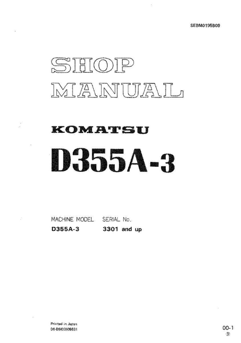 May include: A white shop manual with the text "SHOP MANUAL" in large, outlined letters. Below, the text "KOMATSU" and "D355A-3" are prominently displayed. The bottom of the page includes "MACHINE MODEL D355A-3" and "SERIAL No. 3301 and up".