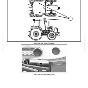 May include: Diagram of a tractor with callouts for the recirculation air filter. The image includes a detailed view of the filter's location. Text on the image reads "Recirculation Air Filter" and "BM012737-UN: General Location".