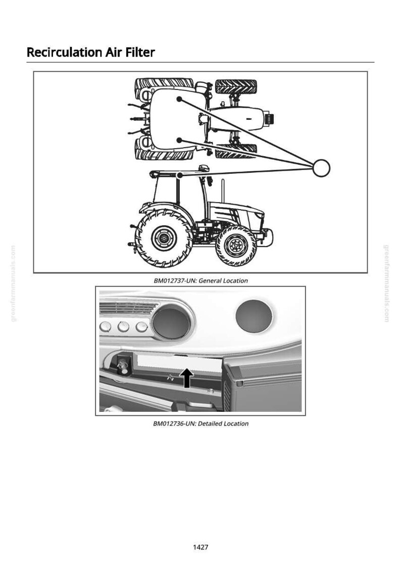 May include: Diagram of a tractor with callouts for the recirculation air filter. The image includes a detailed view of the filter's location. Text on the image reads "Recirculation Air Filter" and "BM012737-UN: General Location".