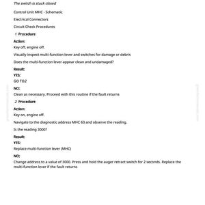 Pu&ograve; includere: Documento bianco con testo nero che descrive le procedure per la leva multifunzione MHC 522656.07, inclusi azioni, risultati e passaggi diagnostici. Il testo include "Auger Auto Retract Switch" e "Electrical Connectors".