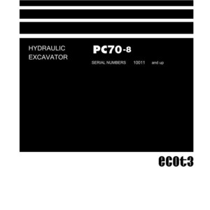 May include: A black and white shop manual cover. The title "Shop Manual" is at the top. The text "HYDRAULIC EXCAVATOR" and "PC70-8" are displayed. The Komatsu logo is at the bottom.