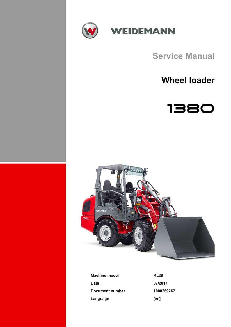 May include: A red and gray Weidemann wheel loader, model 1380, is featured on a white background. The service manual cover includes the Weidemann logo and the text "Service Manual" and "Wheel loader".