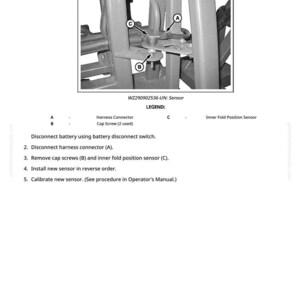 May include: Diagram showing the process to remove and install a boom inner fold position sensor. The image includes a close-up of the sensor, labeled with letters and a legend. Instructions are provided below the diagram.