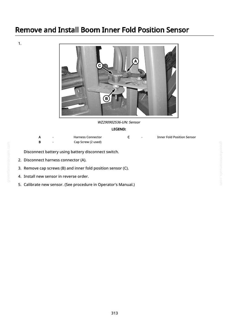 May include: Diagram showing the process to remove and install a boom inner fold position sensor. The image includes a close-up of the sensor, labeled with letters and a legend. Instructions are provided below the diagram.