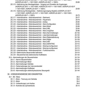 May include: A detailed table of contents in German, with headings and subheadings, including topics like engine control unit operation, alarm messages, and procedures for intervention. The document is likely a technical manual.