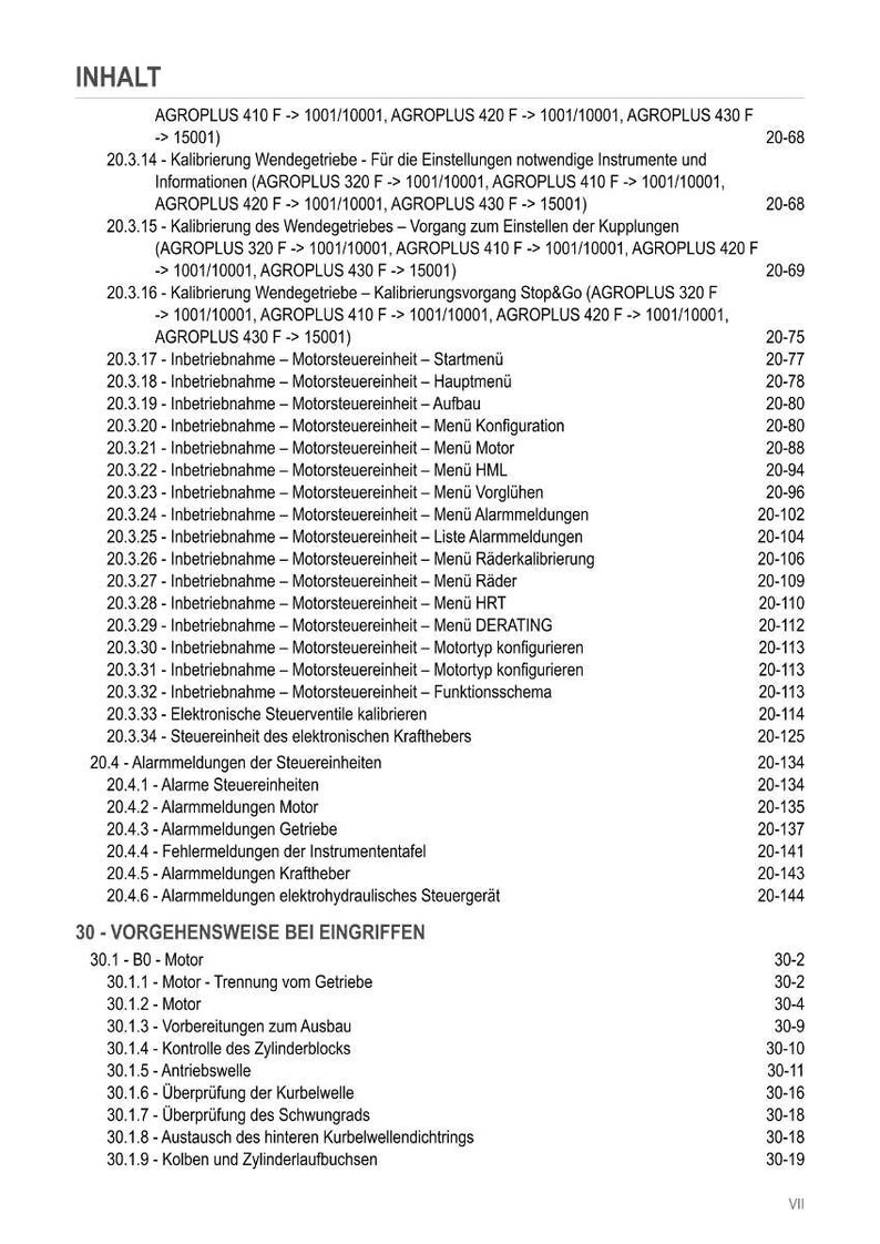May include: A detailed table of contents in German, with headings and subheadings, including topics like engine control unit operation, alarm messages, and procedures for intervention. The document is likely a technical manual.