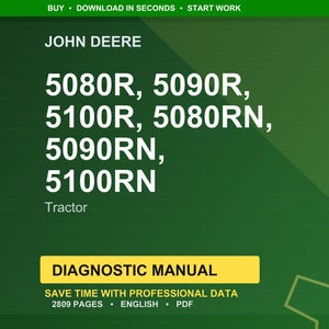 Op de afbeelding: Een groene achtergrond toont "JOHN DEERE" en tractormodelnummers: 5080R, 5090R, 5100R, 5080RN, 5090RN en 5100RN. Een gele banner leest "DIAGNOSTIC MANUAL". De afbeelding vermeldt ook "SAVE TIME WITH PROFESSIONAL DATA".