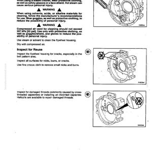 Pode incluir: Um diagrama t&eacute;cnico de um manual que detalha os procedimentos de limpeza e inspe&ccedil;&atilde;o da carca&ccedil;a do volante. A imagem inclui avisos sobre precau&ccedil;&otilde;es de seguran&ccedil;a e ilustra&ccedil;&otilde;es da carca&ccedil;a do volante.
