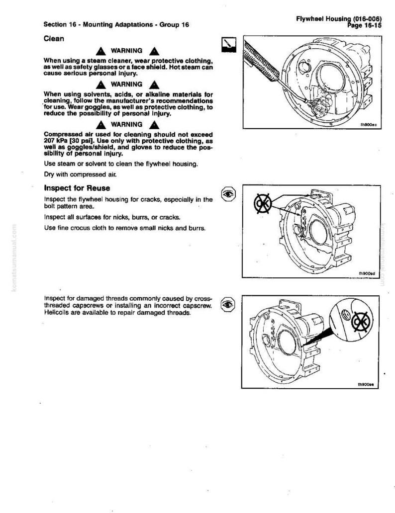 Pode incluir: Um diagrama t&eacute;cnico de um manual que detalha os procedimentos de limpeza e inspe&ccedil;&atilde;o da carca&ccedil;a do volante. A imagem inclui avisos sobre precau&ccedil;&otilde;es de seguran&ccedil;a e ilustra&ccedil;&otilde;es da carca&ccedil;a do volante.