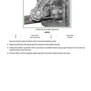May include: Diagram titled "Drive Roller Alignment" with a detailed illustration of mechanical components. The image includes labels A, B, C, and D, and a legend defining each part. Instructions for alignment are also provided.