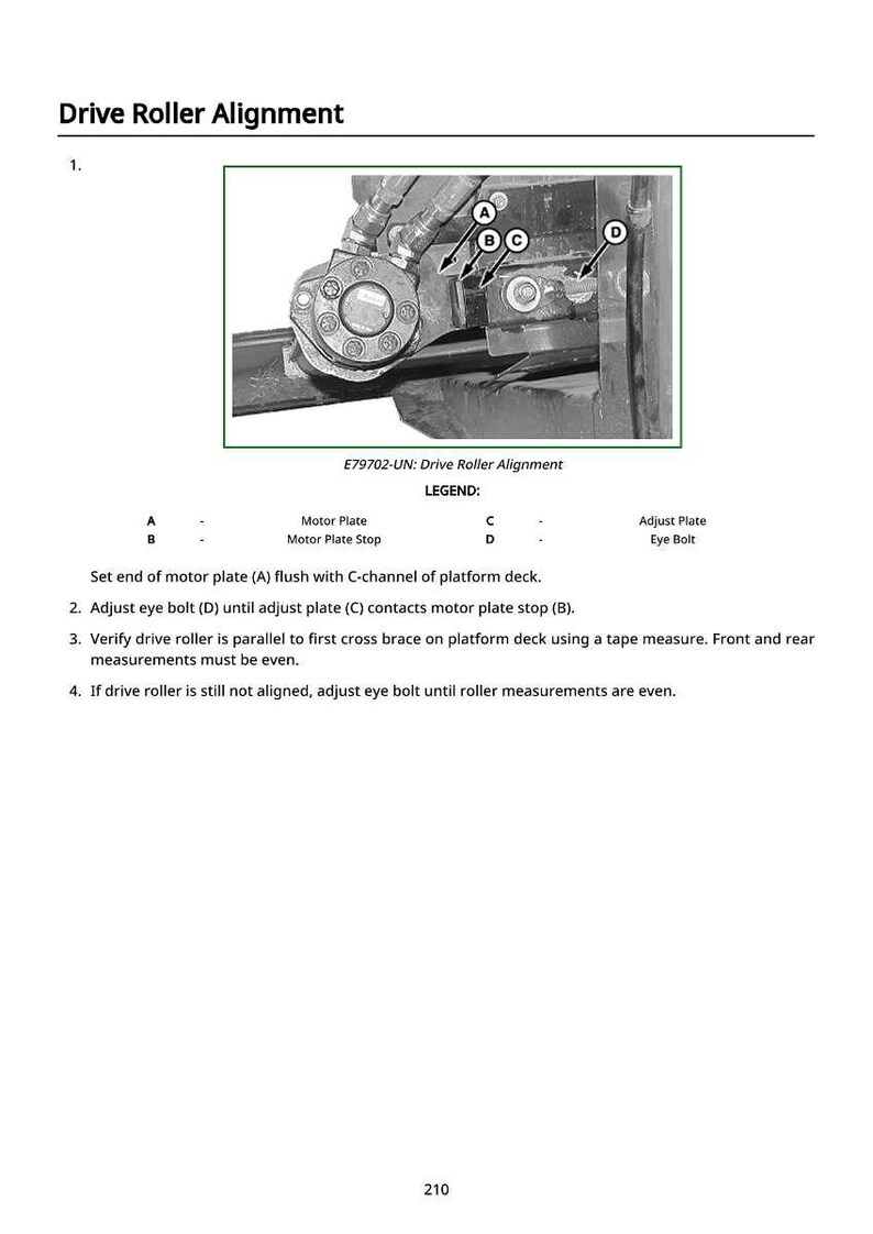 May include: Diagram titled "Drive Roller Alignment" with a detailed illustration of mechanical components. The image includes labels A, B, C, and D, and a legend defining each part. Instructions for alignment are also provided.