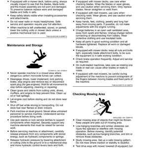 May include: A page from a safety manual with safety guidelines and instructions for operating and maintaining machinery. Includes illustrations and text about mower safety, maintenance, and mowing area checks.
