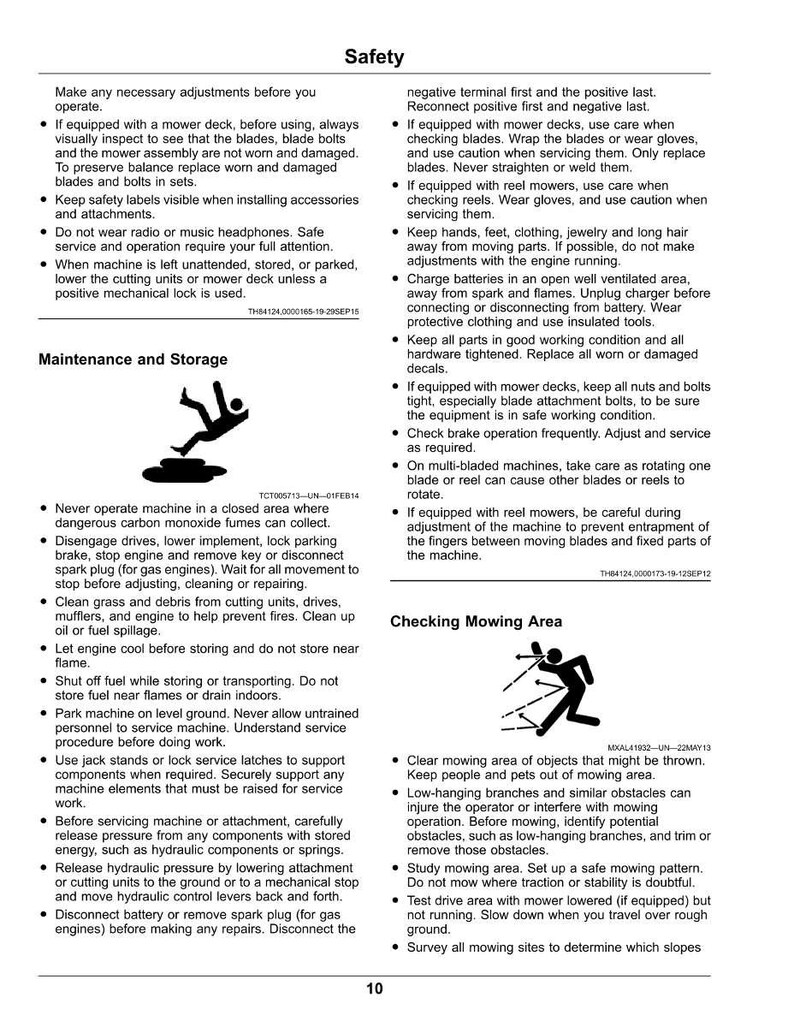 May include: A page from a safety manual with safety guidelines and instructions for operating and maintaining machinery. Includes illustrations and text about mower safety, maintenance, and mowing area checks.