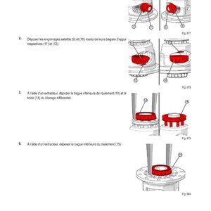 K&ouml;nnte beinhalten: Technische Zeichnung mit mechanischen Komponenten und Anweisungen f&uuml;r einen Reparaturvorgang. Der franz&ouml;sische Text "M&Eacute;THODE D'INTERVENTION" steht oben. Das Bild zeigt verschiedene Teile, wie Zahnr&auml;der und Lager, mit nummerierten Referenzen.