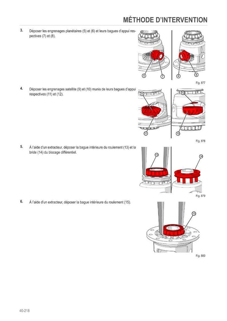 K&ouml;nnte beinhalten: Technische Zeichnung mit mechanischen Komponenten und Anweisungen f&uuml;r einen Reparaturvorgang. Der franz&ouml;sische Text "M&Eacute;THODE D'INTERVENTION" steht oben. Das Bild zeigt verschiedene Teile, wie Zahnr&auml;der und Lager, mit nummerierten Referenzen.
