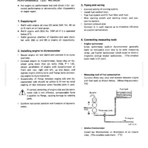 May include: A page from a manual titled "Performance Test" with instructions and diagrams for engine testing and adjustment. Includes sections on supplying oil, installing the engine, piping, wiring, and connecting measuring tools. The page has diagrams of fuel consumption tools.