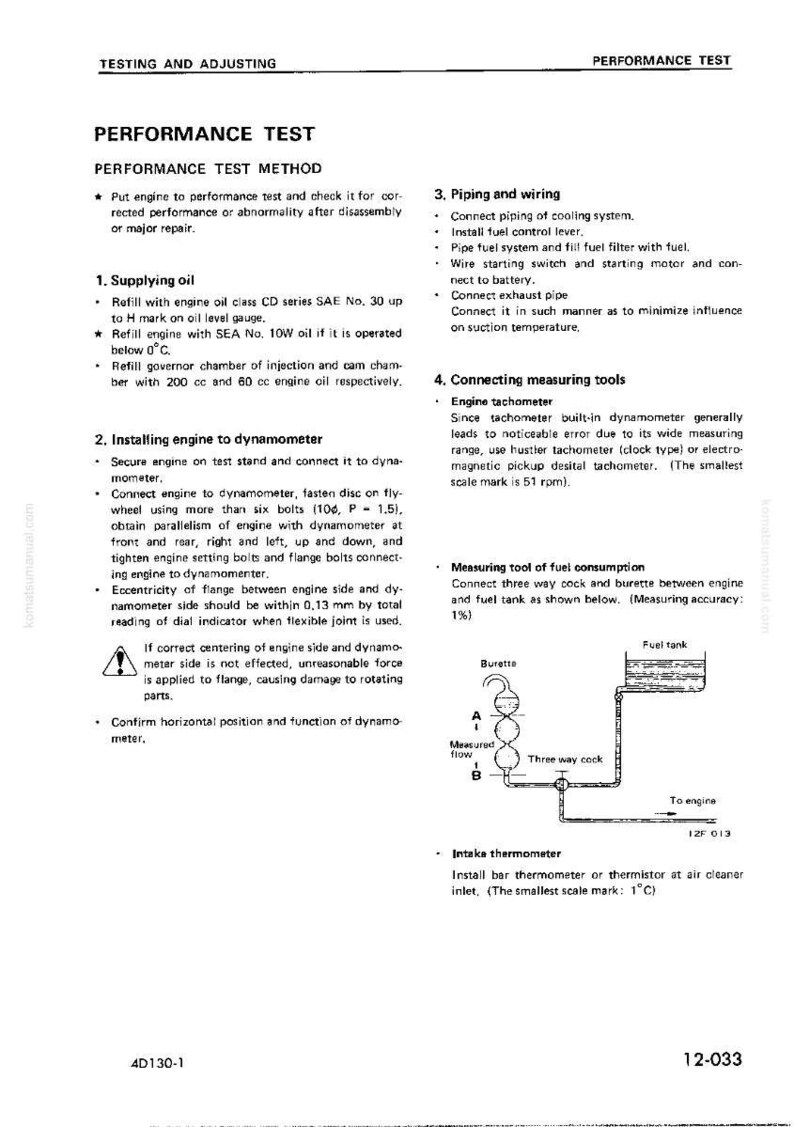 May include: A page from a manual titled "Performance Test" with instructions and diagrams for engine testing and adjustment. Includes sections on supplying oil, installing the engine, piping, wiring, and connecting measuring tools. The page has diagrams of fuel consumption tools.