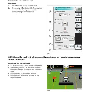 May include: A Fendt agricultural equipment manual page with diagrams and text. The page details auto offset and track accuracy procedures. The diagrams show a tractor's guidance system interface with measurements in meters.