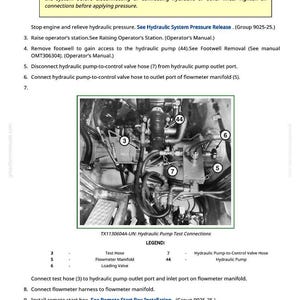 May include: Diagram of hydraulic pump test connections with labels and instructions. Includes a caution notice about fluid pressure. Features a close-up of the pump with numbered components and a legend.
