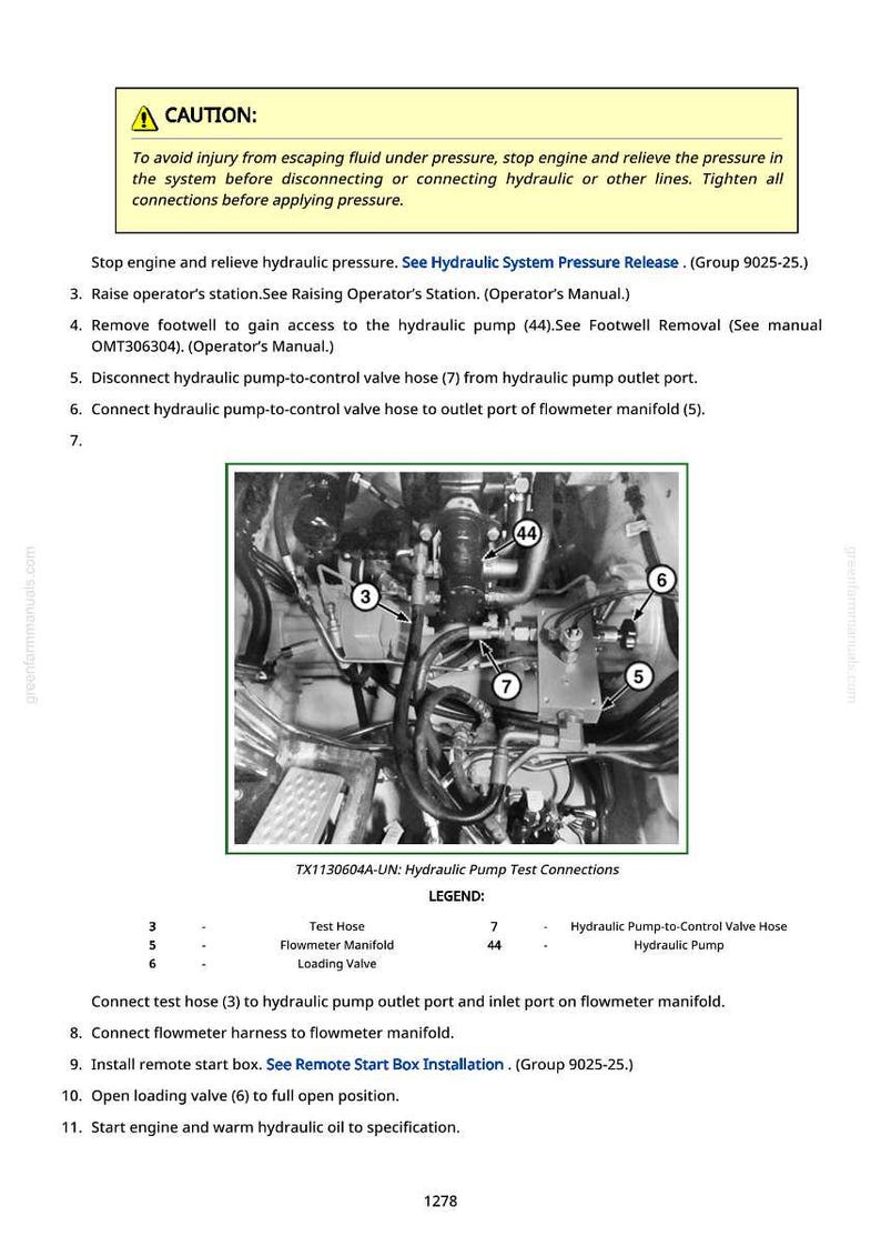 May include: Diagram of hydraulic pump test connections with labels and instructions. Includes a caution notice about fluid pressure. Features a close-up of the pump with numbered components and a legend.