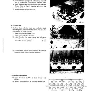 May include: A page from a manual detailing the disassembly and assembly of an engine component. The image shows diagrams and instructions, including steps for cylinder head installation and fastening. Text and diagrams are in black and white.