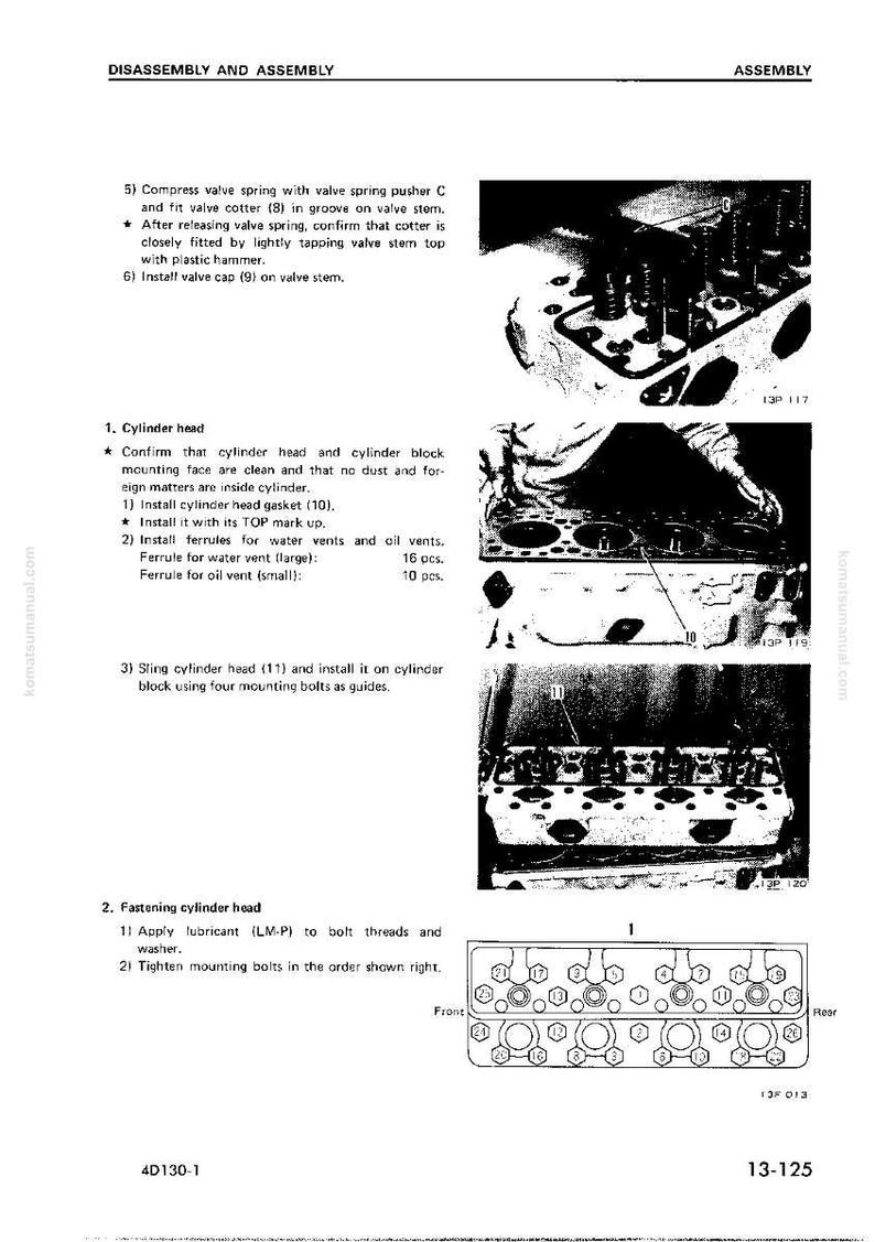 May include: A page from a manual detailing the disassembly and assembly of an engine component. The image shows diagrams and instructions, including steps for cylinder head installation and fastening. Text and diagrams are in black and white.