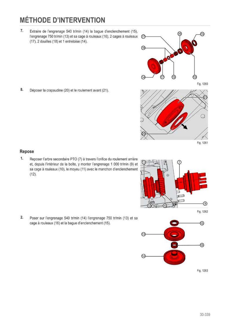 May include: Diagram of mechanical components with labels and instructions in French. The image shows various gears, bearings, and other parts, with detailed assembly steps. Text includes "M&Eacute;THODE D'INTERVENTION" and figure numbers.