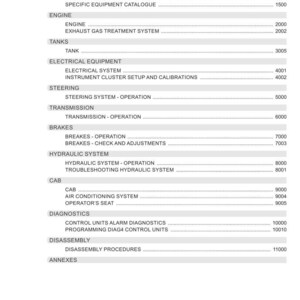 May include: A white page from an Argo Tractors manual, featuring a table of contents. The document lists sections like Engine, Tanks, Electrical Equipment, Steering, Transmission, Brakes, Hydraulic System, Cab, Diagnostics, Disassembly, and Annexes.