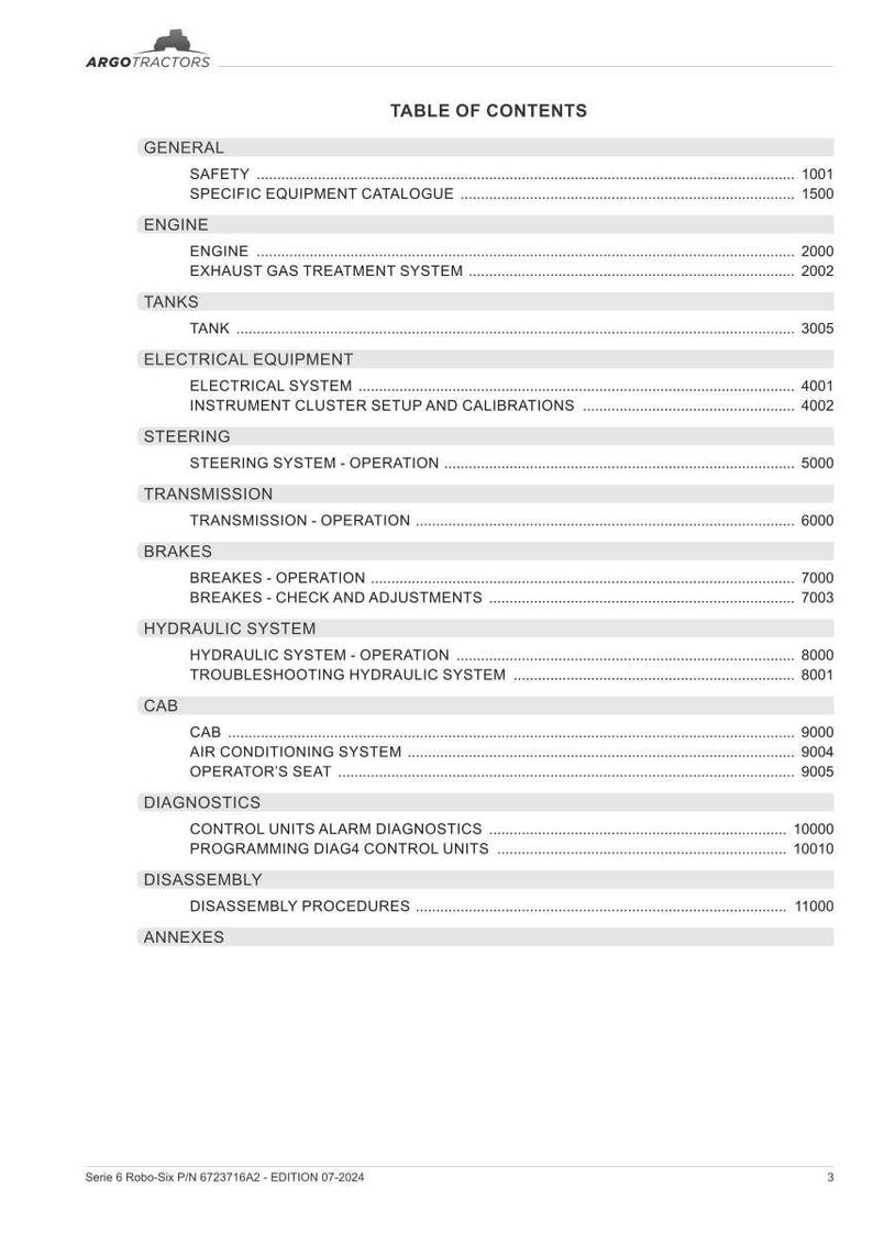 May include: A white page from an Argo Tractors manual, featuring a table of contents. The document lists sections like Engine, Tanks, Electrical Equipment, Steering, Transmission, Brakes, Hydraulic System, Cab, Diagnostics, Disassembly, and Annexes.