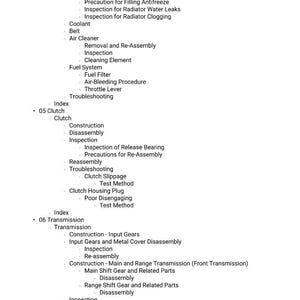 May include: A detailed list of engine and transmission components, including cooling systems, clutches, and fuel systems. The text is in black font on a white background, providing a clear and organized layout for automotive repair and maintenance.