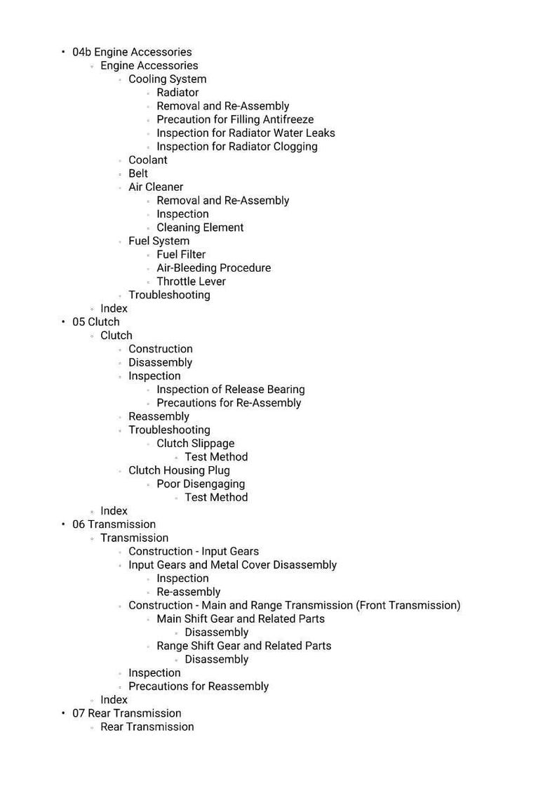 May include: A detailed list of engine and transmission components, including cooling systems, clutches, and fuel systems. The text is in black font on a white background, providing a clear and organized layout for automotive repair and maintenance.