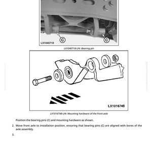 Pu&ograve; includere: Diagramma che illustra l'installazione di un assale anteriore, con immagini dettagliate di perni del cuscinetto e hardware di montaggio. Il testo include i numeri di parte LX1040718 e LX1016748, con istruzioni per l'allineamento.
