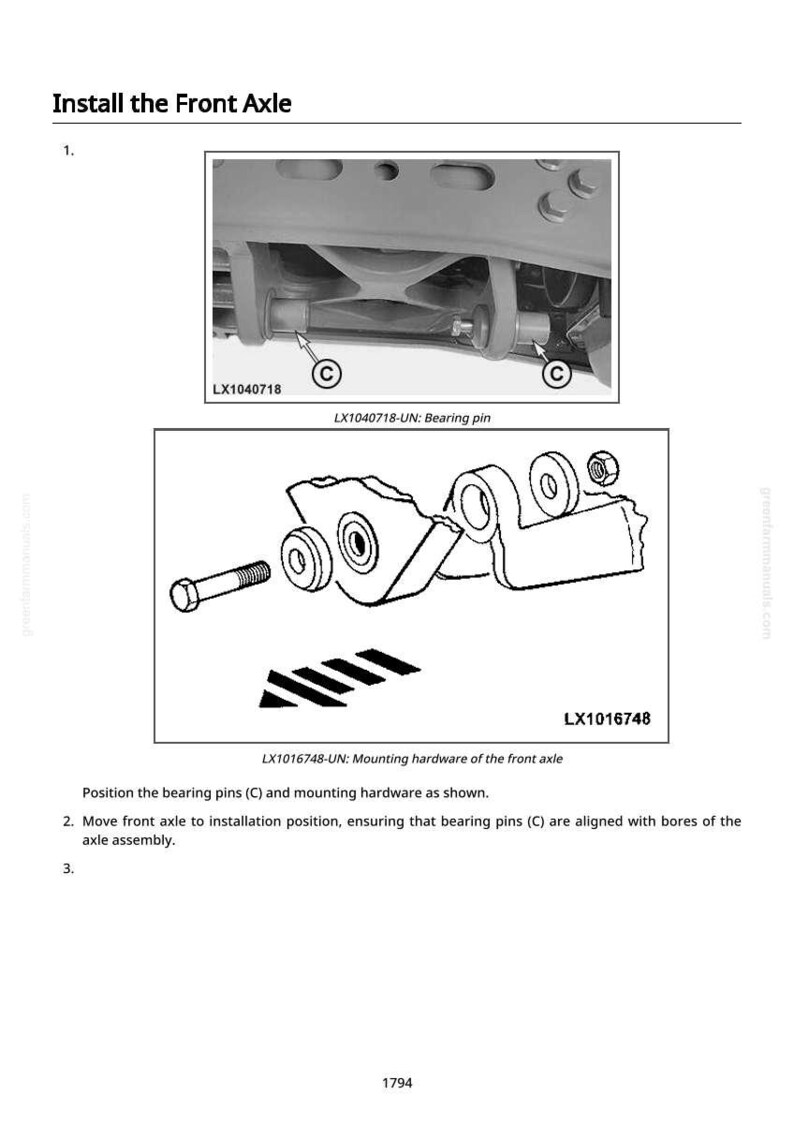 Pu&ograve; includere: Diagramma che illustra l'installazione di un assale anteriore, con immagini dettagliate di perni del cuscinetto e hardware di montaggio. Il testo include i numeri di parte LX1040718 e LX1016748, con istruzioni per l'allineamento.