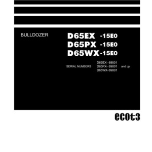 May include: A black and white shop manual page with the title "Shop Manual". The page features the word "Bulldozer" and model numbers D65EX-15E0, D65PX-15E0, and D65WX-15E0. The Komatsu logo is at the bottom.