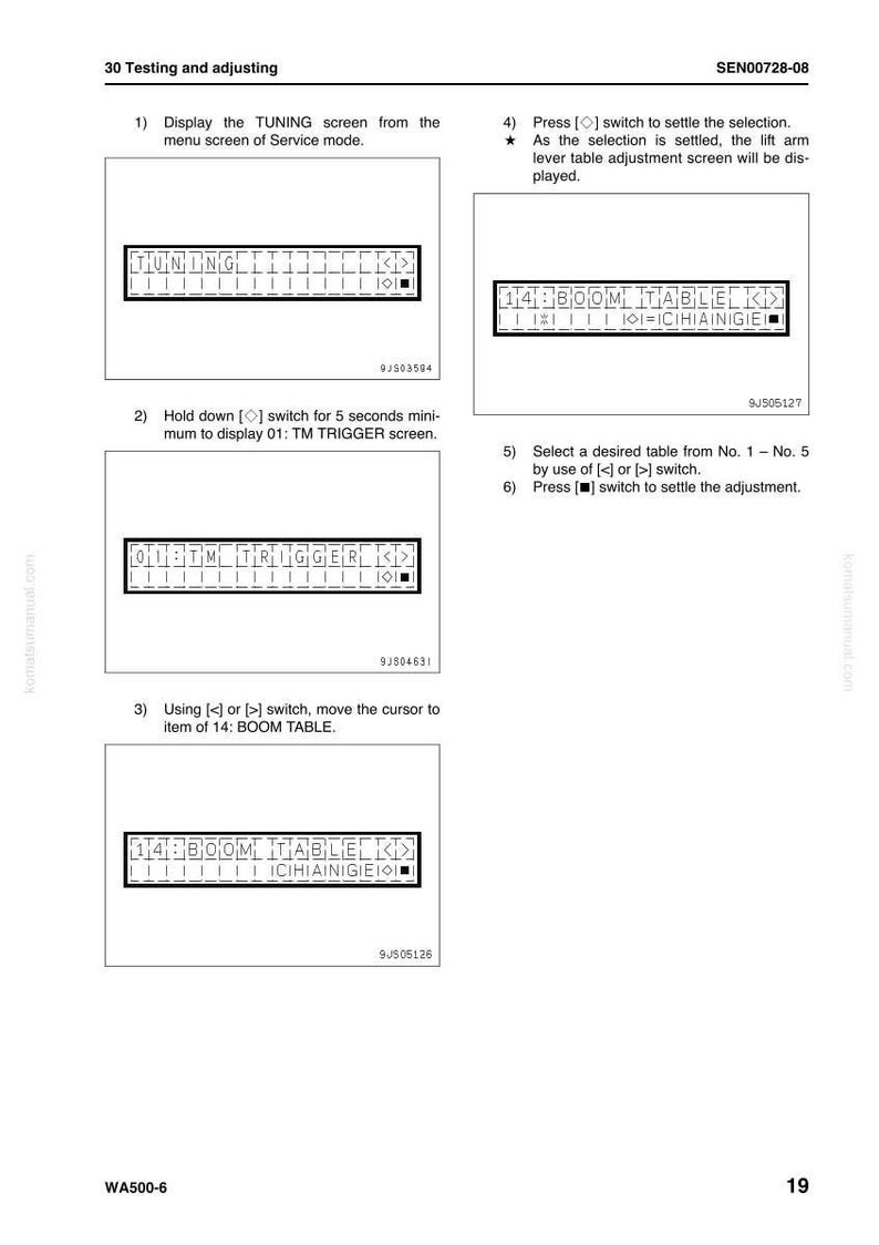 K&ouml;nnte beinhalten: Eine Manuellseite mit Test- und Einstellanweisungen. Diagramme zeigen Text wie "TUNING", "TM TRIGGER" und "BOOM TABLE". Die Seite ist mit "WA500-6" und "19" gekennzeichnet.